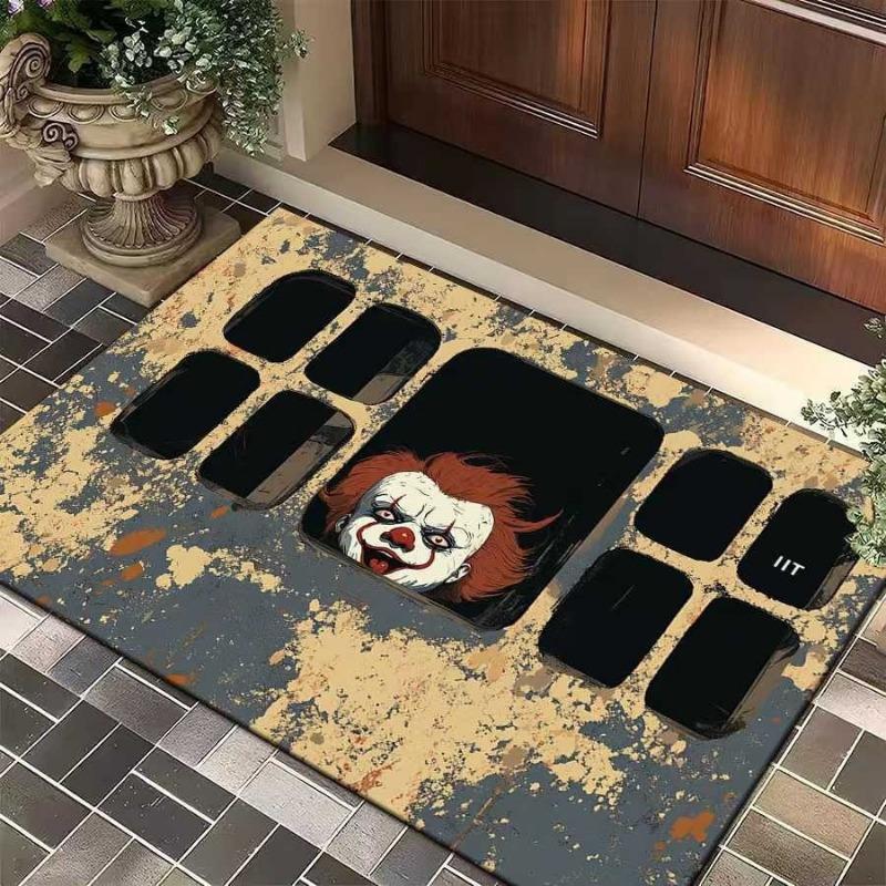 Halloween Clown Horror Theme Doormat Manhole Cover Design Entryway Anti Slip Mat Halloween Decor Personalized Rug