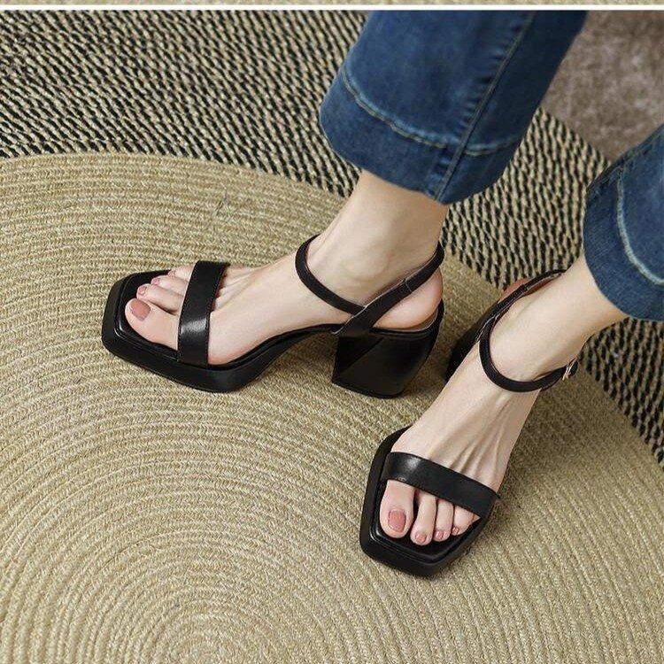 Summer simple word with open-toed square head thick heel sandals ankle wrap with commuter high heels