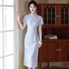 Blue Modern Chinese-Inspired Long Qipao Dress Women 2026 Daily Wear Slim Fit With Embroidered Floral