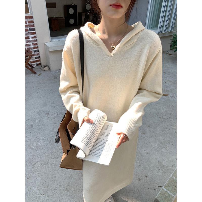 Casual Versatile Autumn and Winter New High-end Design Hooded Sweater Knitted Loose Sweater Loose Dress