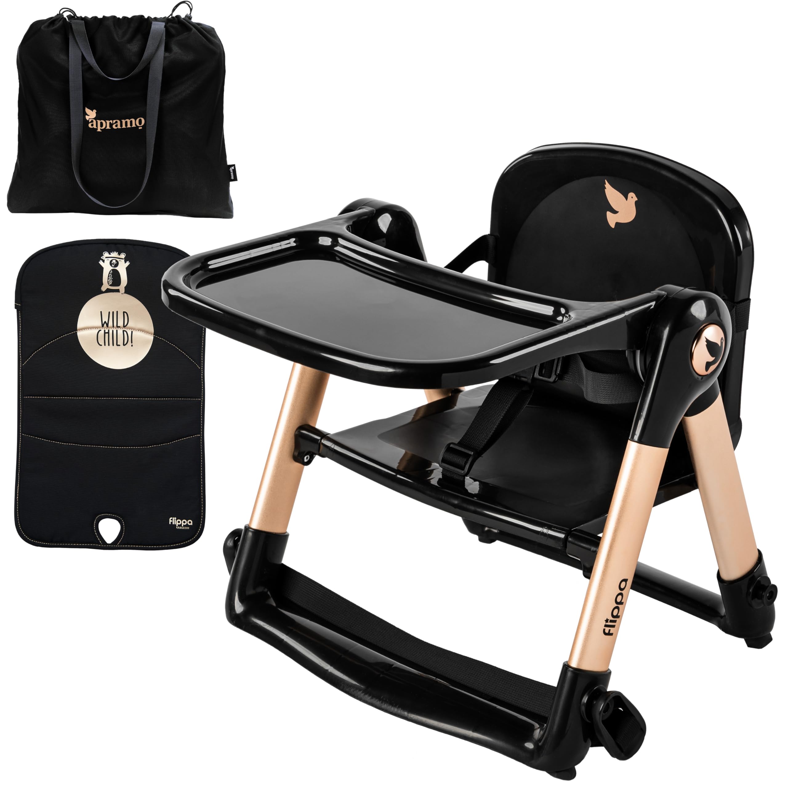 

apramo Portable Baby Chair, Folding Kids Chair, Low Chair for Children [Includes Cushion and Storage Bag], Baby Chair with Belt (Rockstar/Black)