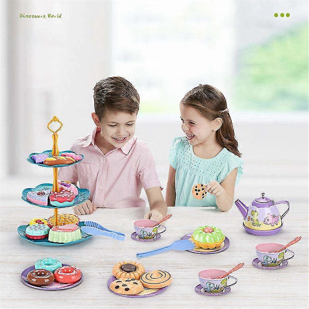Little Girls Tea Set, Princess Afternoon Tea Toy Playset, Kitchen Pretend Toys, Teapot Tableware Dessert and Suitcase, Kids Play Tin Can Tea Party Fav