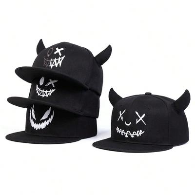 Unisex Smiley Gesicht Stickerei Ox Horn Dekoration Baseball Cap Männer und Frauen Cosplay Hut Schiebermützen Hip-Hop-Hüte