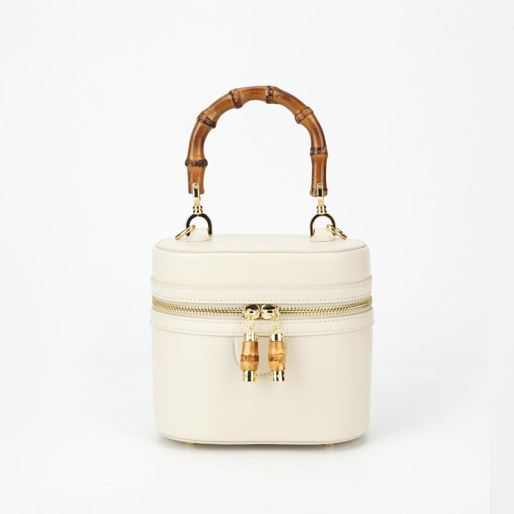 Damska torba z rączką z bambusa i skóry na wiosnę, Luksusowa torba na ramię lub crossbody do pracy, Torba typu worek