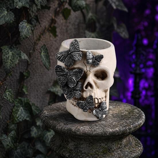 Gothic Butterfly Skull Pen Holder, Spooky Resin Skull Makeup Brush Holder, Multifunctional Halloween Tea Light Candle Holder for Desk, Shelf Decor