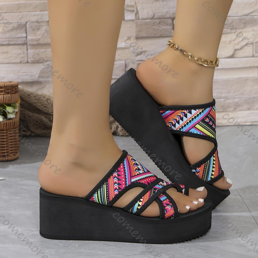 Fashion Comemore Summer Wedges High Heels Ladies Slippers Casual Mixed Color Roman Style Clip Toe Slipper Soft Bottom Beach Flip Flops