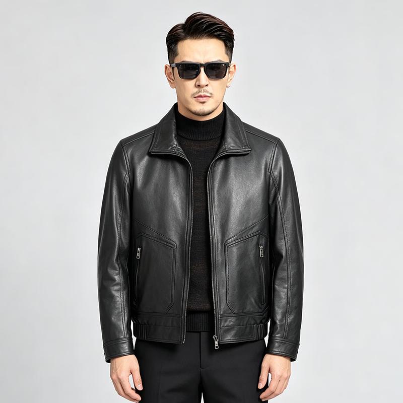Men's Sheepskin Lapel Biker Leather Jacket