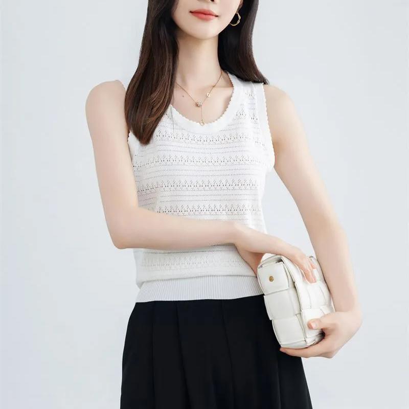 WTEMPO Hollow-out O-Neck Large Size Solid Color Casual Camisole Vests Women's Spring Summer Sleeveless Knitted Tank Tops
