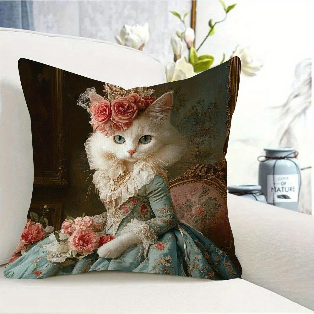 2D Flat- # Victorian Royal Cat Throw Pillow Cover, Elegant Floral Decorative Pillow Case For Sofa Bedroom Living Room