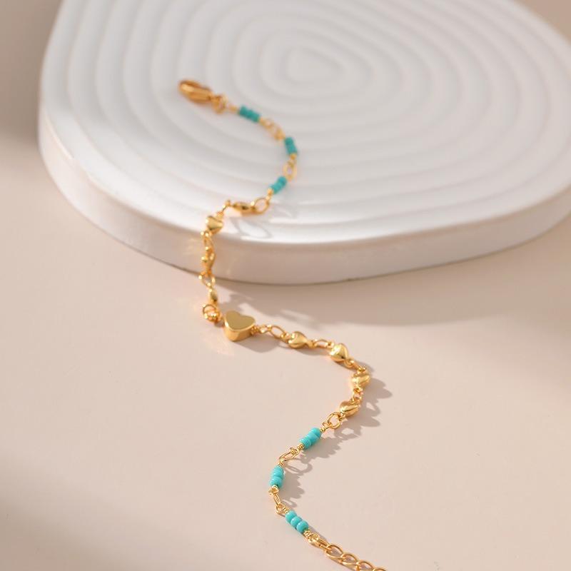 Minimalist Heart Turquoise Beaded 18k Gold Plated Womens Bracelet