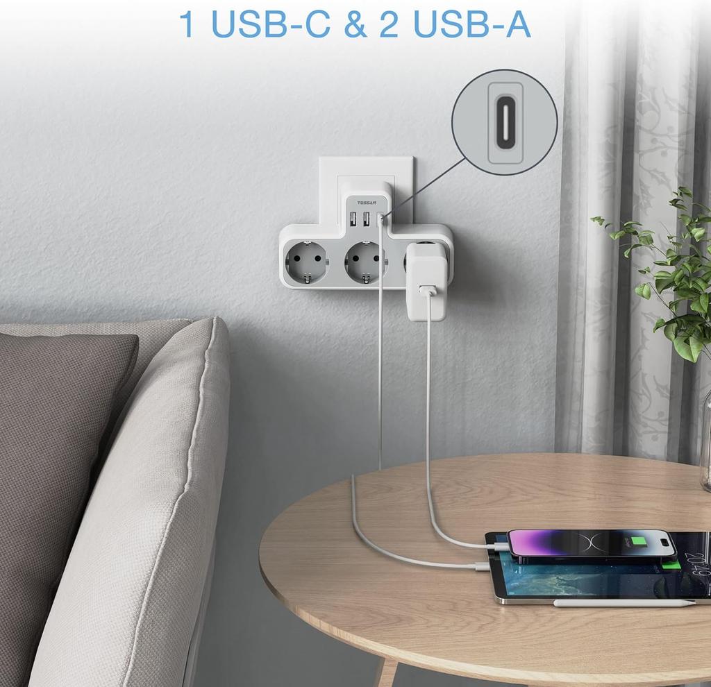 Tessan שקע קיר מרובים שחור עם 3 שקעי AC ו-2 יציאות USB 1 Type C, מתאם USB 6 ב-1 עם הגנה מפני עומס יתר לסמארטפון, טאבלט