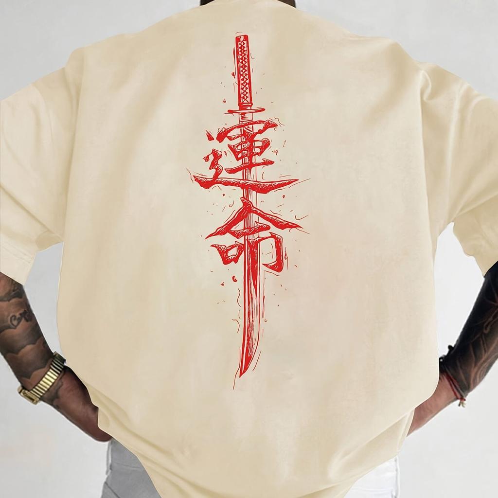Mens Short Sleeved Tshirt with Japanese Samurai Sword Pattern Fashionable and Casual Round Neck Top for Spring and Summer