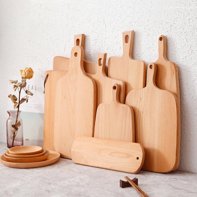 Japanese Style Beech Wood Chopping Board with Handle, Double-Sided, Hangable for Bread, Pastry Storage and Display.