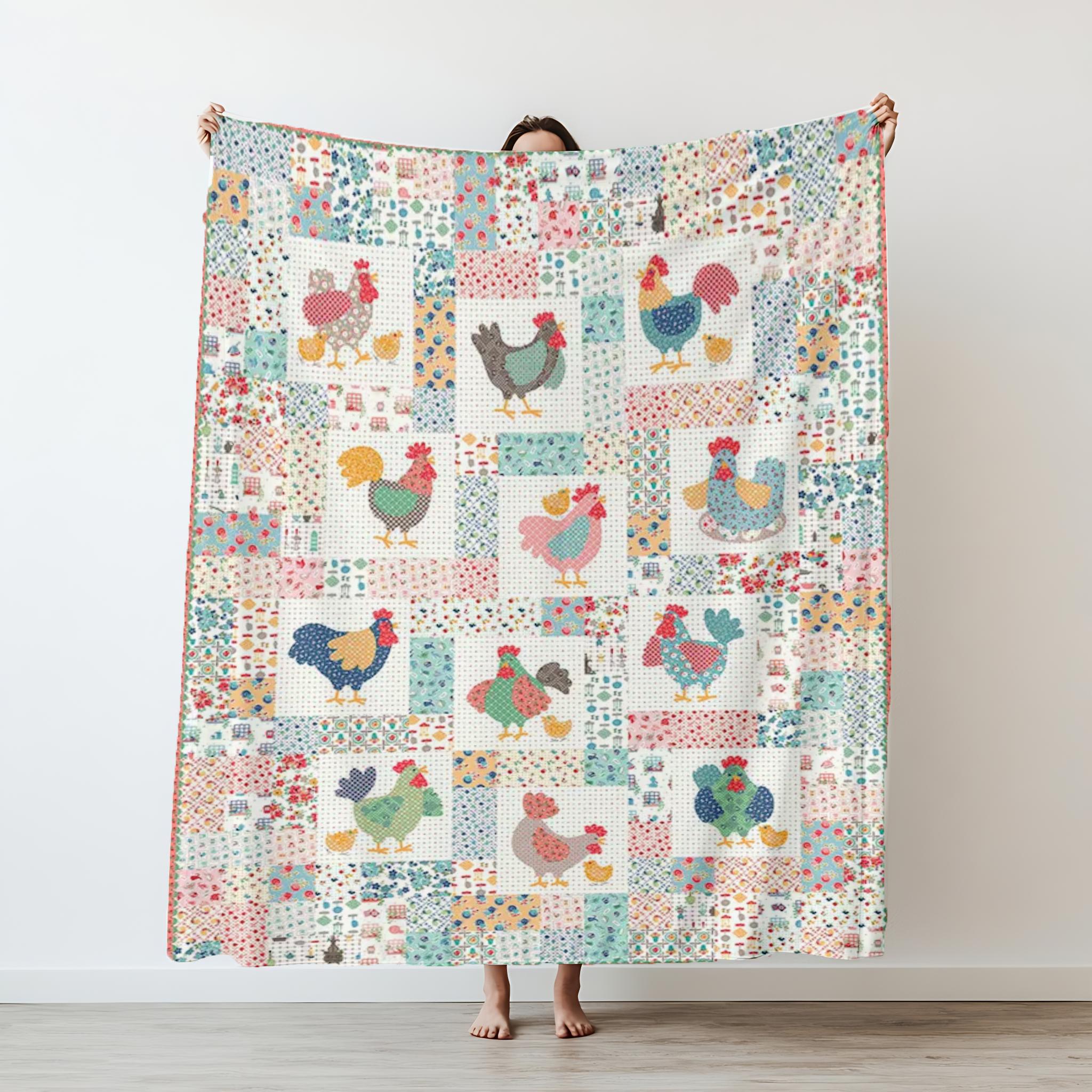 

1pc Vintage Cute Chicken Print Flannel Blanket Soft Cozy Knitted All Seasons Colorful for Sofa Bed Office Camping Travel Gift 130x150cm