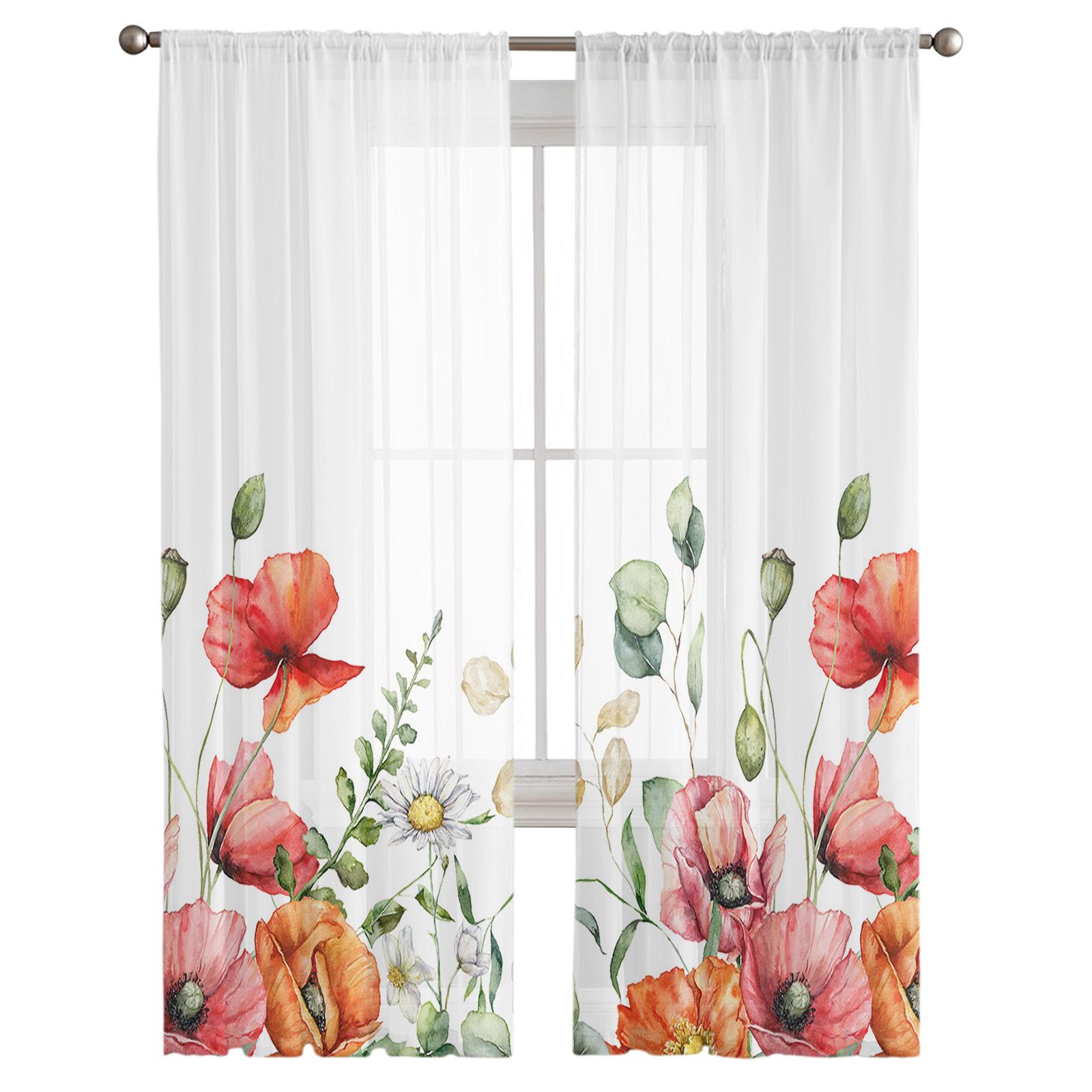 Весеннее растение Дейзи Эвкалипт Цветок Мака Вуаль Прозрачные Шторы Гостиная Окно Тюлевая — фото 3