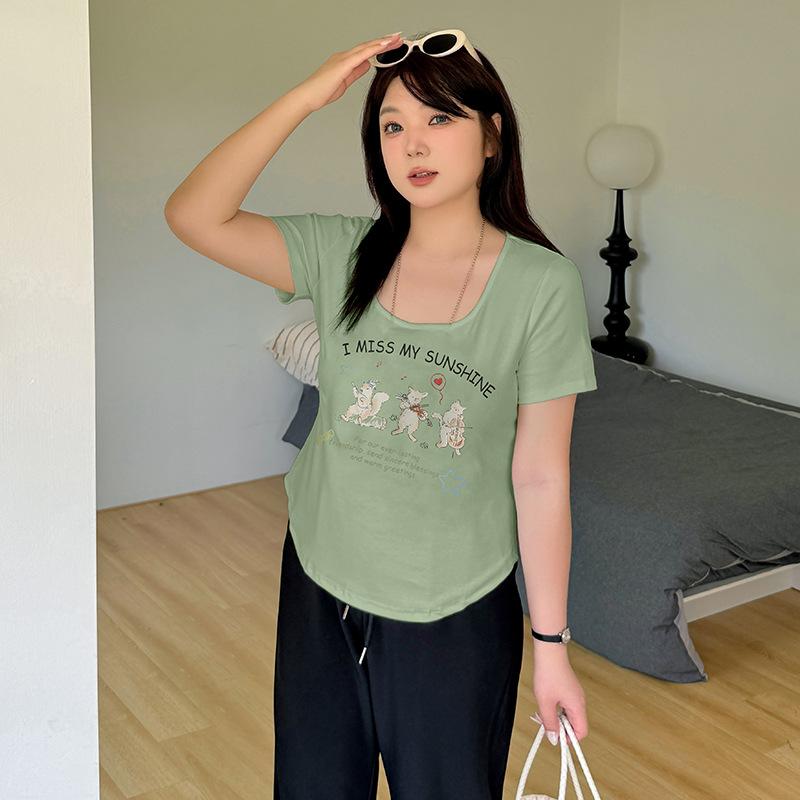Curved hem printed short-sleeved fit T-shirt women's summer new fat mm pure desire front shoulder top 232220