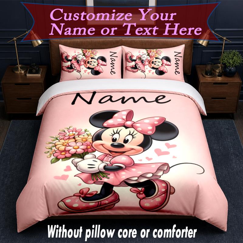 Custom Name Minnie Mouse Ears Pink Bow Duvet Cover Set - Without Core and Quilt, Machine Washable