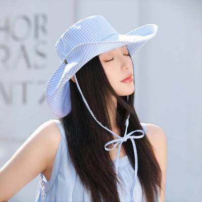 Korean Plaid Big Eaves Hat Strapped Sun Hat Women's Summer Outdoor Travel Shading Versatile Foldable Bucket Hats
