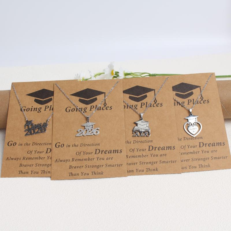 Stainless Steel Matte Golden Mortarboard Featuring Number 2026 Pendant Necklace Women Graduation Memorial Jewelry Gifts