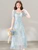 French holiday style beautiful floral short-sleeved dress summer new unique fairy ruffle skirt blue