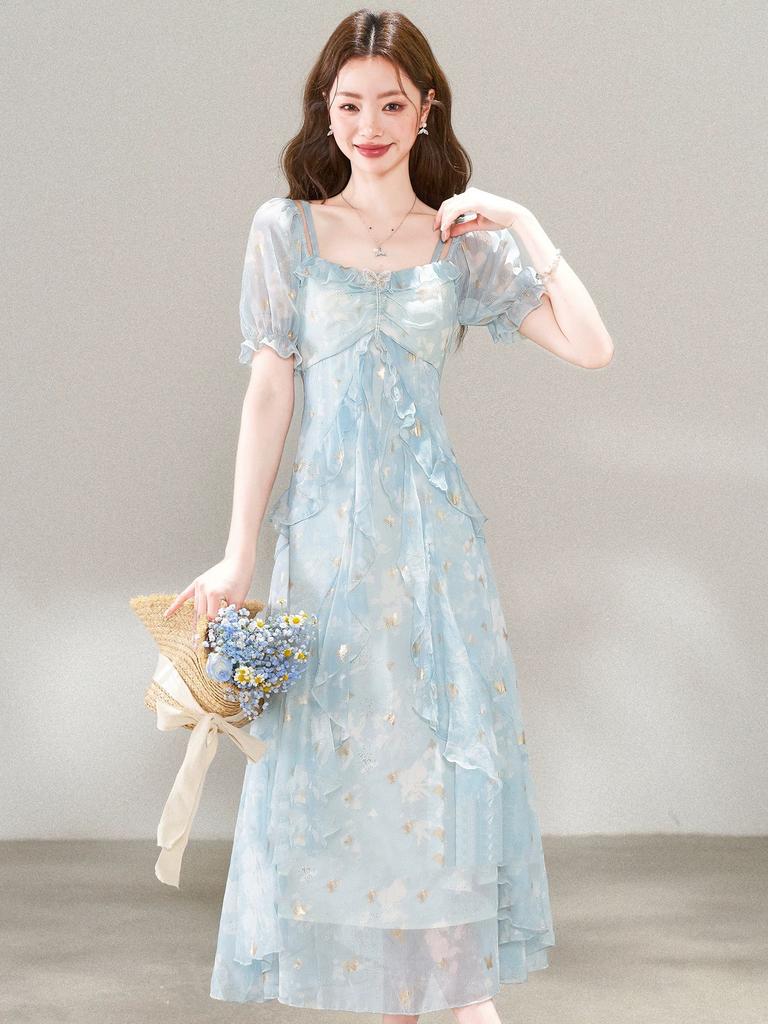 French holiday style beautiful floral short-sleeved dress summer new unique fairy ruffle skirt blue
