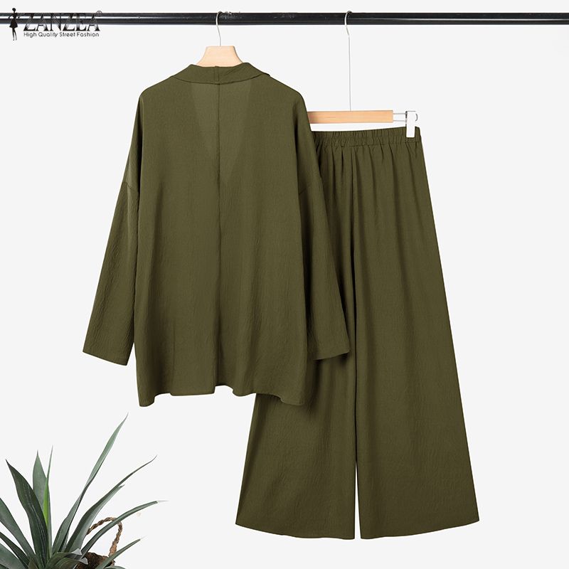 ZANZEA Dámská halenka s dlouhým rukávem a kalhoty se širokými nohavicemi, ležérní dvoudílné soupravy