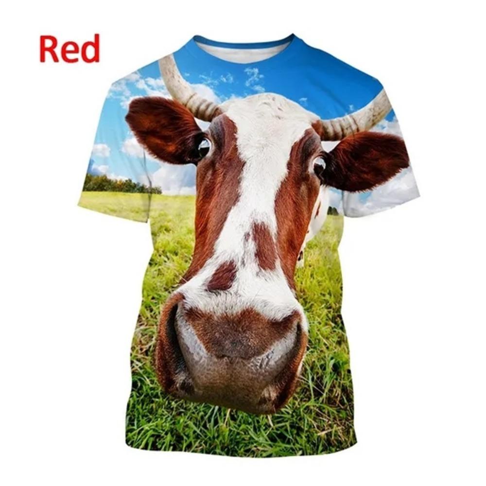 3D Printing Cow Animal Graphic T Shirts Men Funny Retro Short Sleeve T-Shirt O-Neck Full Print Idyllic Tee Tops Streetwear