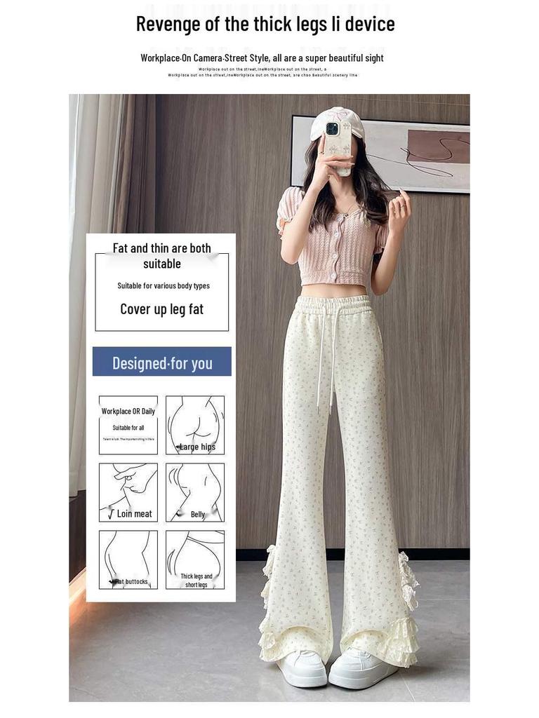 Lace Bow Floral High-Waisted Wide-Leg Summer 2026 Women's Casual Pants