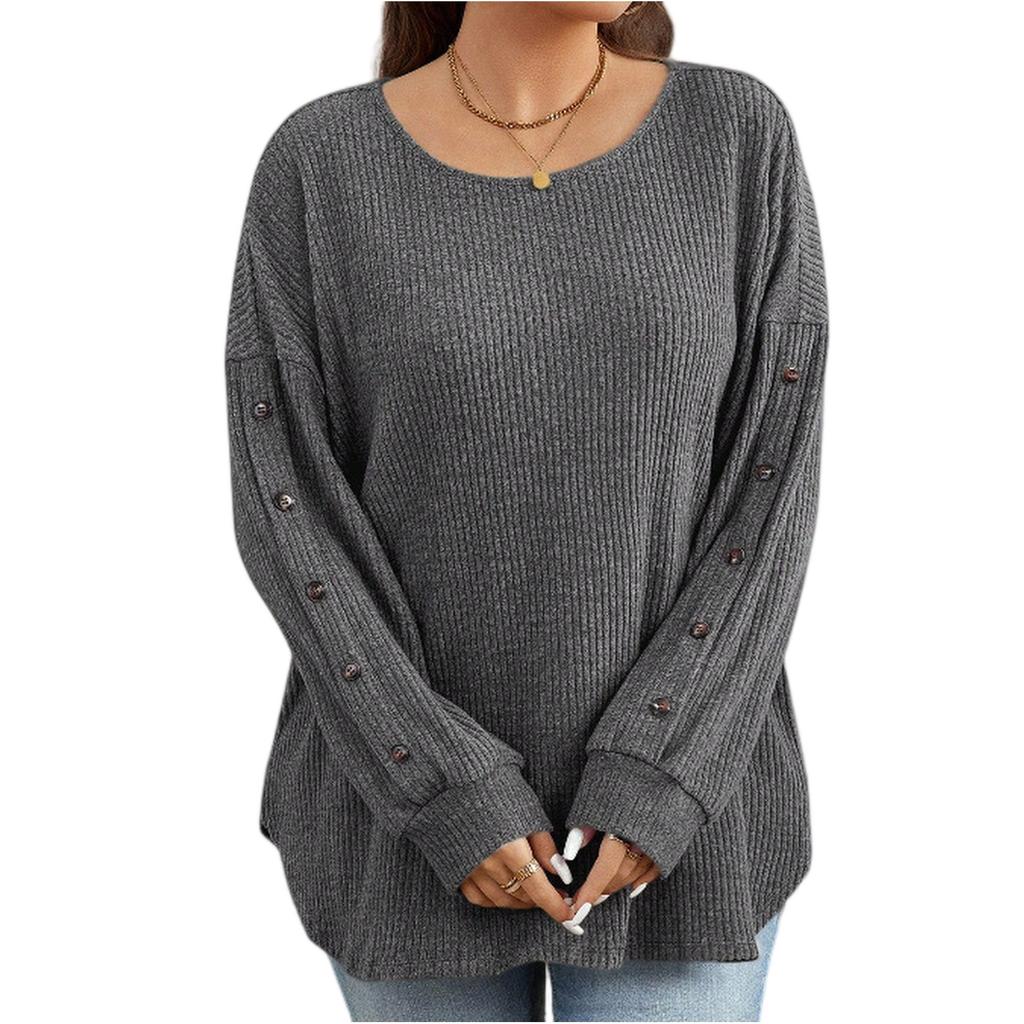 Women's Fashionable Loose,fitting  Sleeve Round Neck Buttoned Cuff Pullover Top