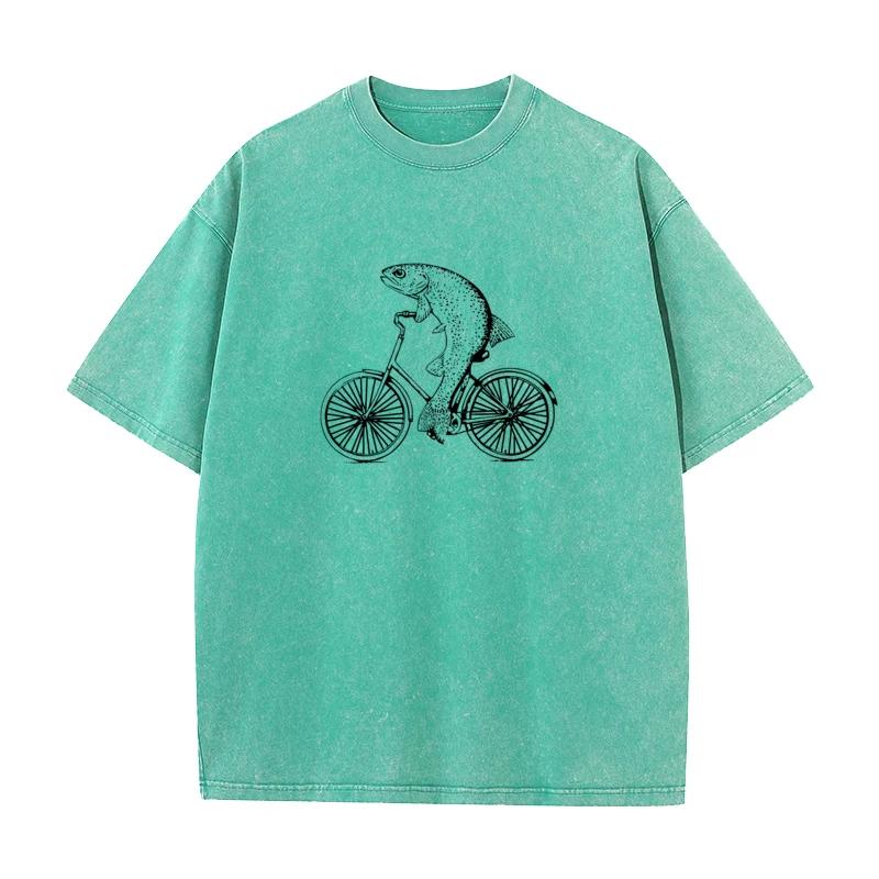 Tops Tees Washed Tops Shirt Bicycle Trout VALENTINE DAY Cotton Fabric O Neck Men Washed Retro T Shirts