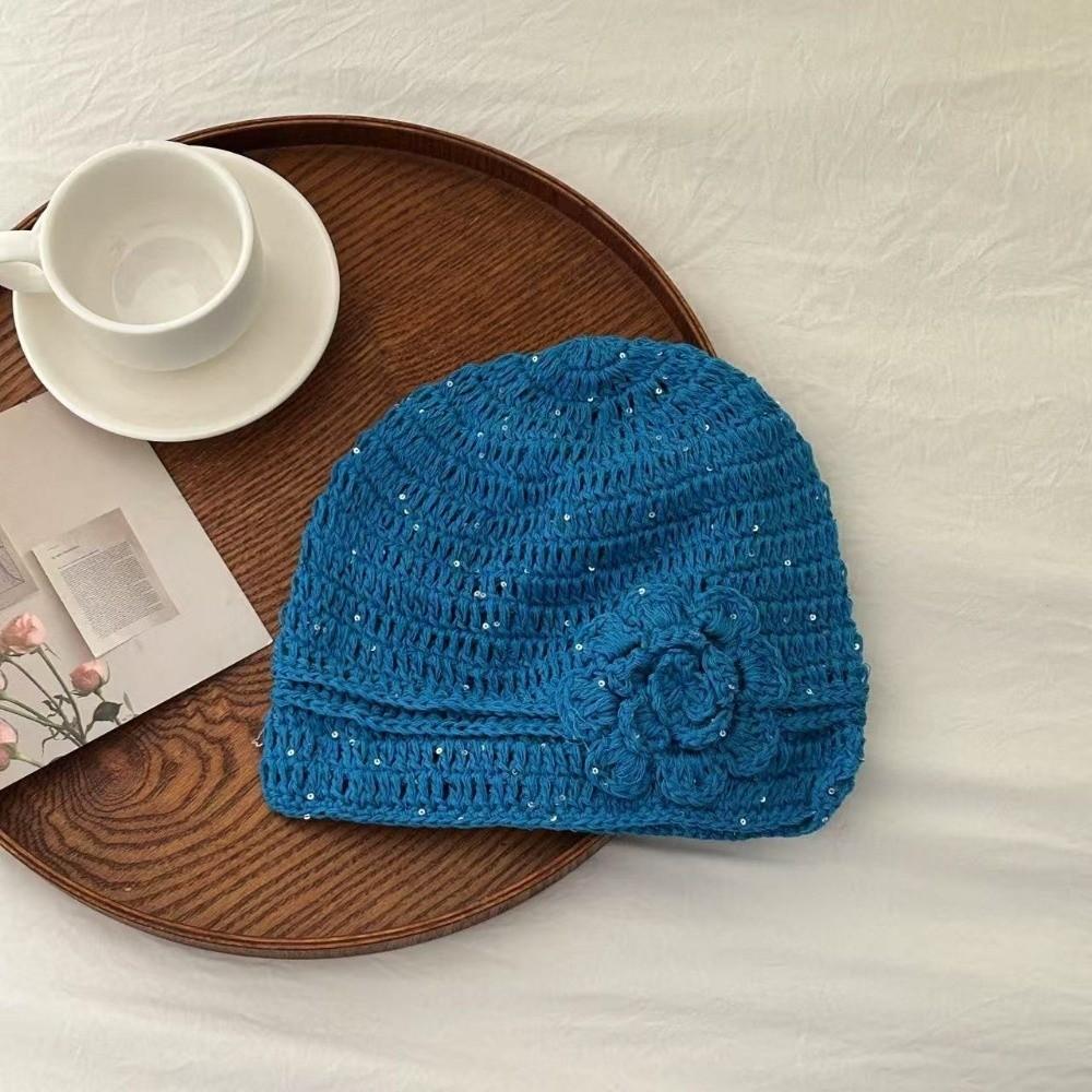 Y2k Flower Knitted Caps Hand-woven Beanies Cap Casual Sequin Crochet Hat  Spring Summer