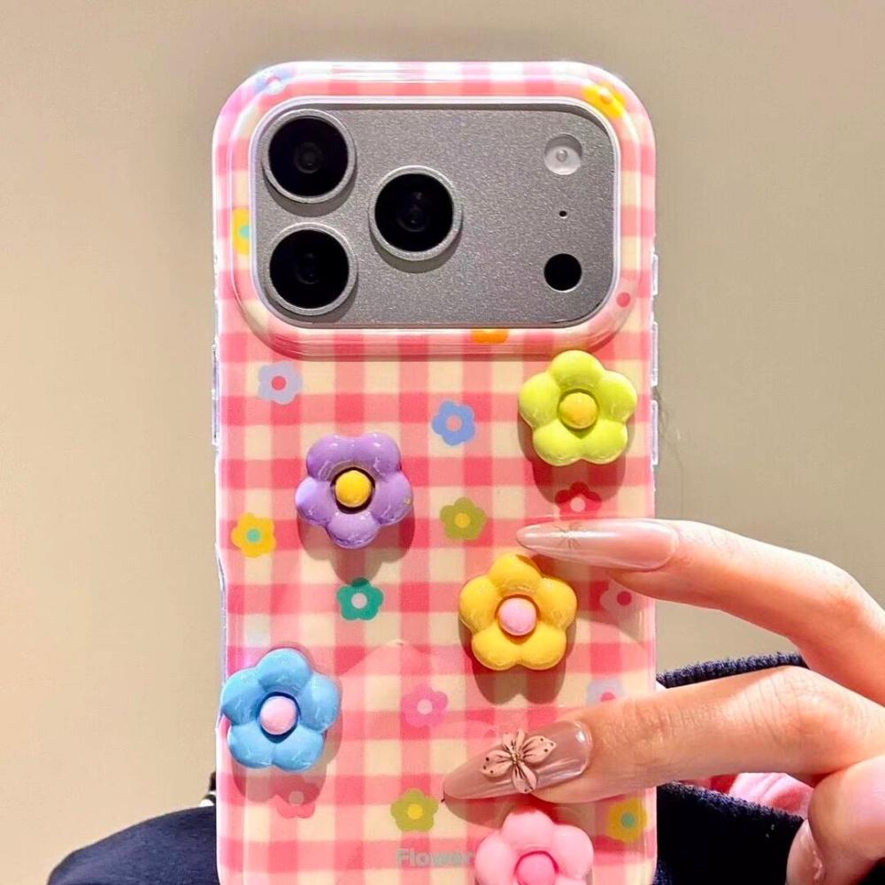 Cute Pink Plaid 3D Colorful Flowers iPhone 17 Pro Max Case Creative Girl Style Phone Cover