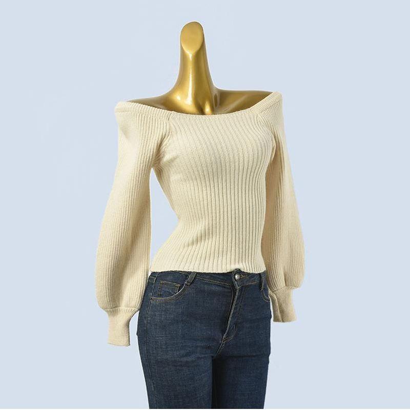 French Style Temperament Fall and Winter Square Collar Slimming Slim and Sexy off-Shoulder Short Knitted Long Sleeve Sweater Base Tops Women
