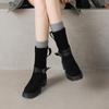 Krazing Pot Fashion Cow Suede Nubuck Winter Round Toe Modern Boots Med Heels Zipper Metal Buckle Mid-calf Boots