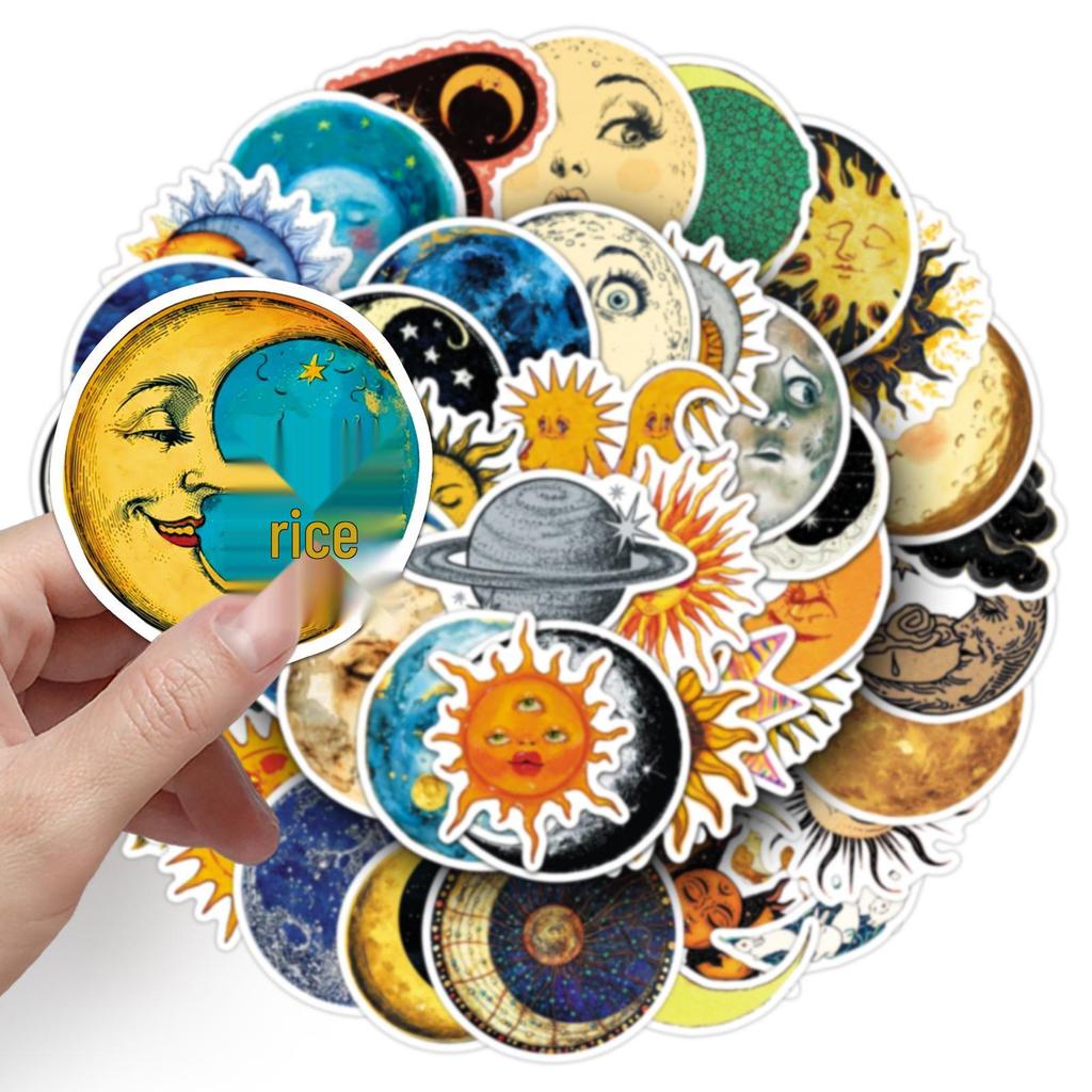 50 Retro Fantasy Sun Moon Stars Stickers: Cartoon Graffiti for Skateboards, Refrigerators, Journals.