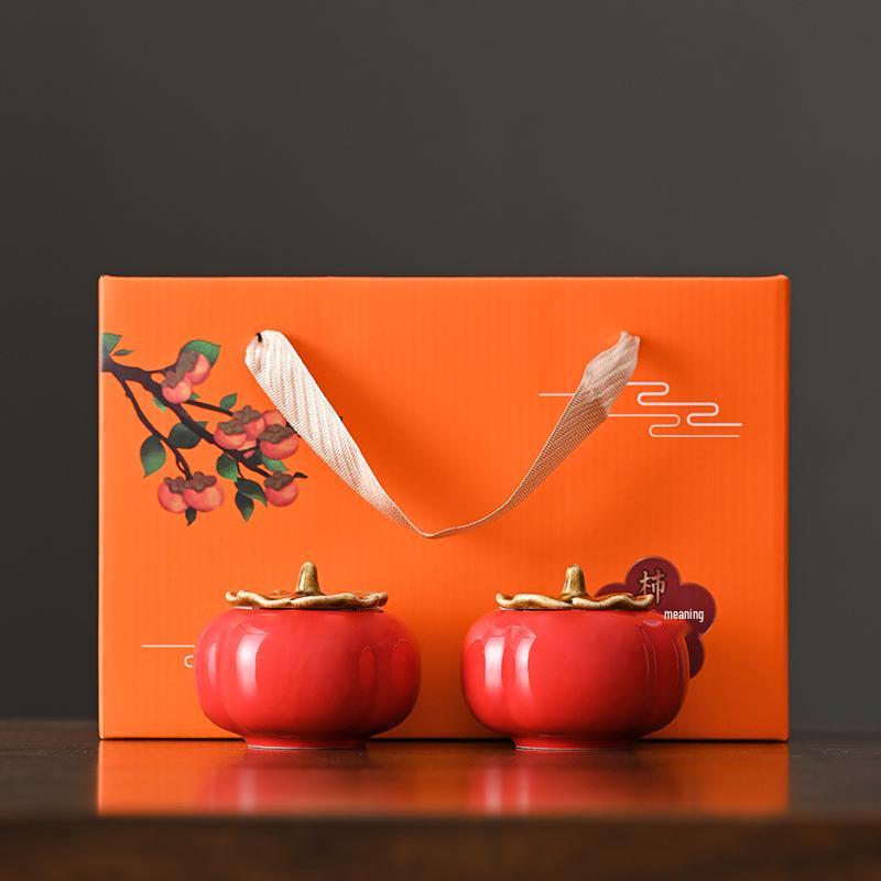 Charming Persimmon Ruyi Ceramic Tea Box & Mini Candy Jar Gift Set