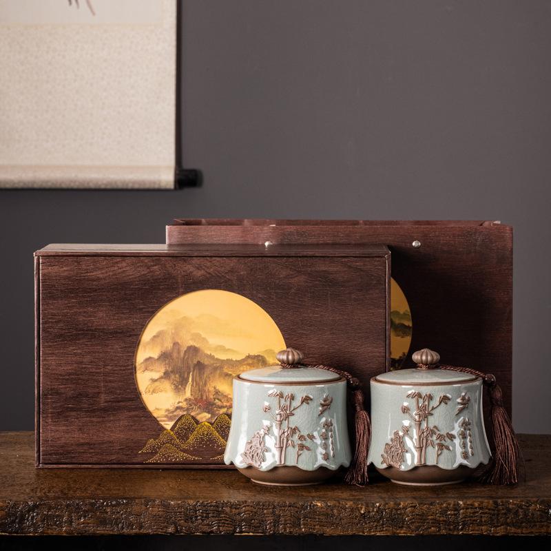 Ceramic tea cans, Ge kiln double cans, storage jars, black tea, Pu'er, Tieguanyin, green tea, tea packaging gift set