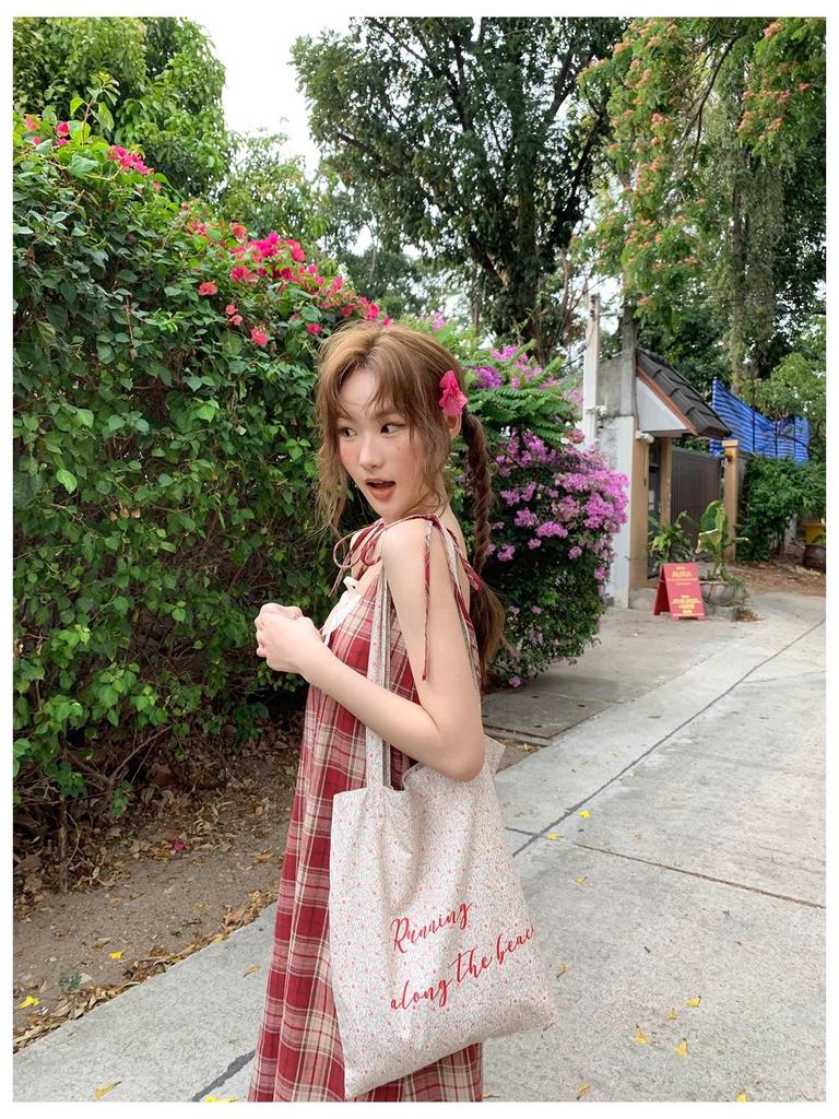 Red Plaid Lace Spaghetti Strap Dress - Women's Summer Beach Holiday Style