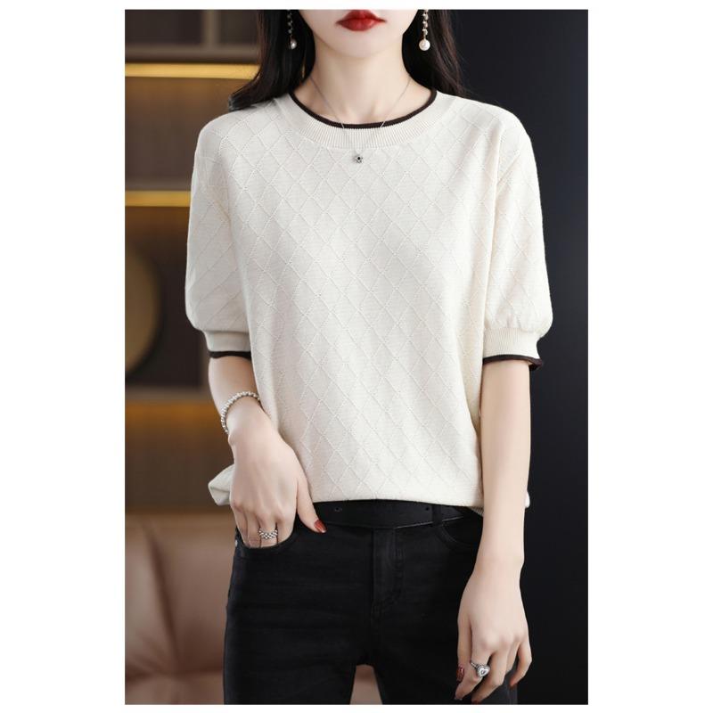 Cotton Thread Pullover Women Short Sleeved Round Neck T-shirt Color Blocked Diamond Shape Thin Knit Bottoming Shirt Simple Casual Commut Spring Autumn