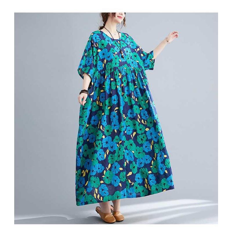 Summer New Literary Large Size Loose and Large Printed Round Neck Short Sleeve Dresses