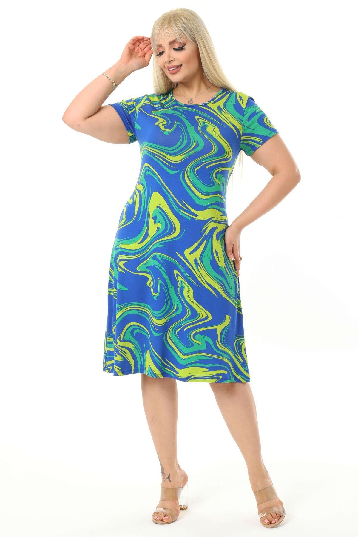 

Women s Big Size Dress Blue Yellow Wave Pattern Plus Size Basic Midi Dress