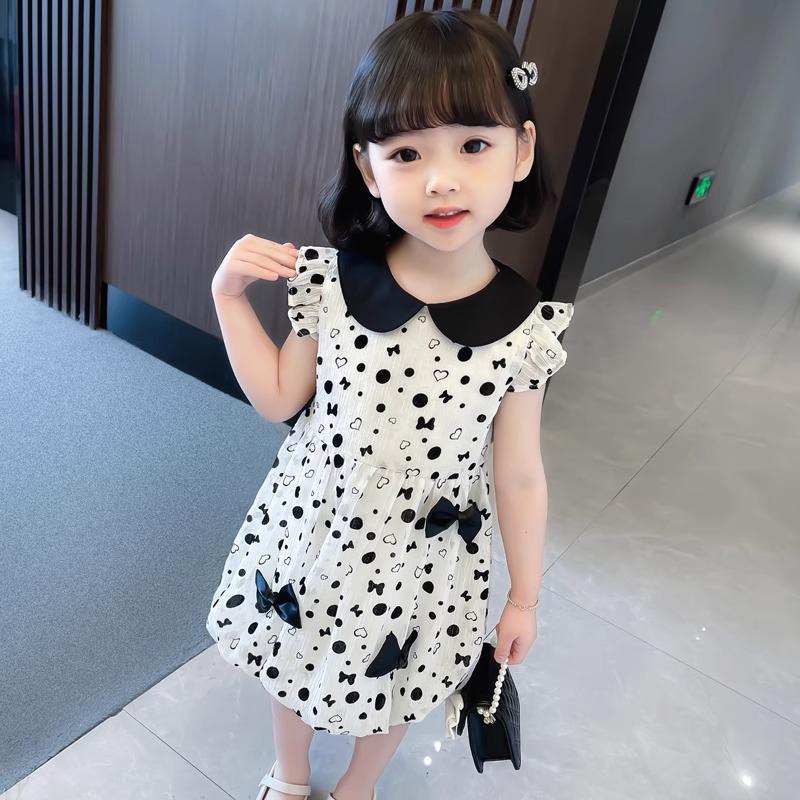 

Летнее платье для девочек 3-7 лет, детское платье принцессы, отложной воротник, повседневное платье для девочки с черно-белым бантом 110cm белый
