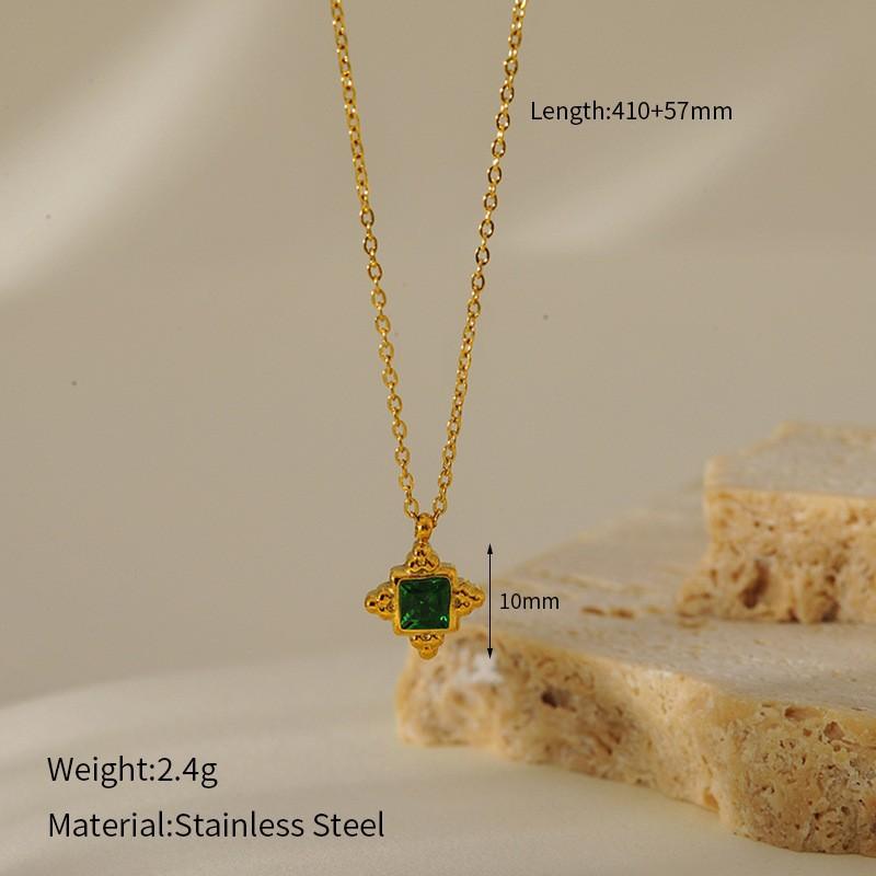 French Vintage Emerald Necklace Geometric Mother Of Pearl Inlay Titanium Steel Pendant Women Jewelry Gift