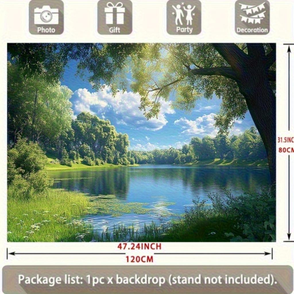 2D plane tranquil forest lake scenery background fabric green trees on the calm water surface polyester fiber
