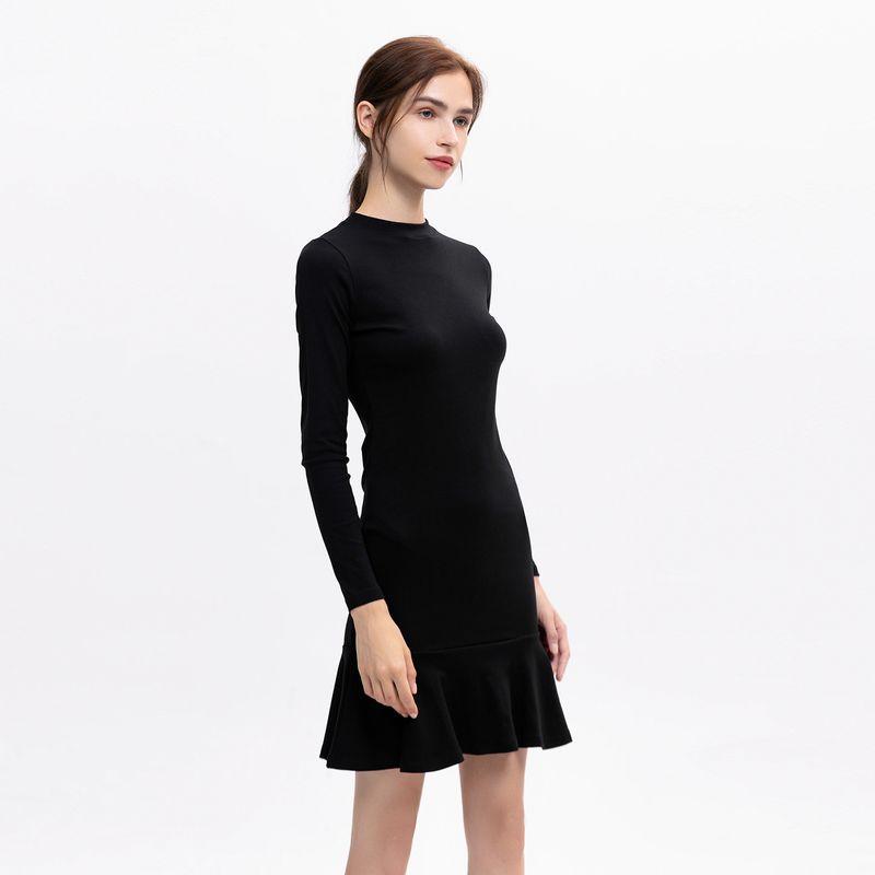 Small Fashion Slim Fit Ruffled Versatile Small Black Dress 2025 Spring & Fall New Arrival Minimalist Long Sleeve Base Dress