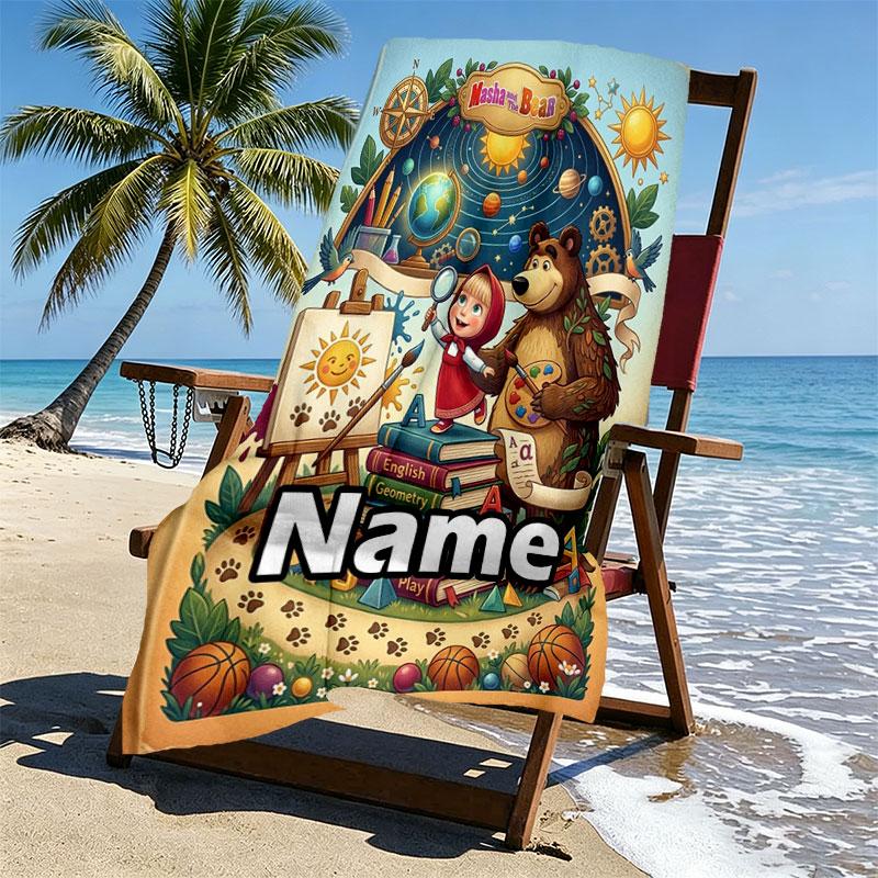 Custom Name Personalized Masha and the Bear Print Beach Towel, for Trip Camping Beach Party Home Decor, Birthday Gift for Family & Friends