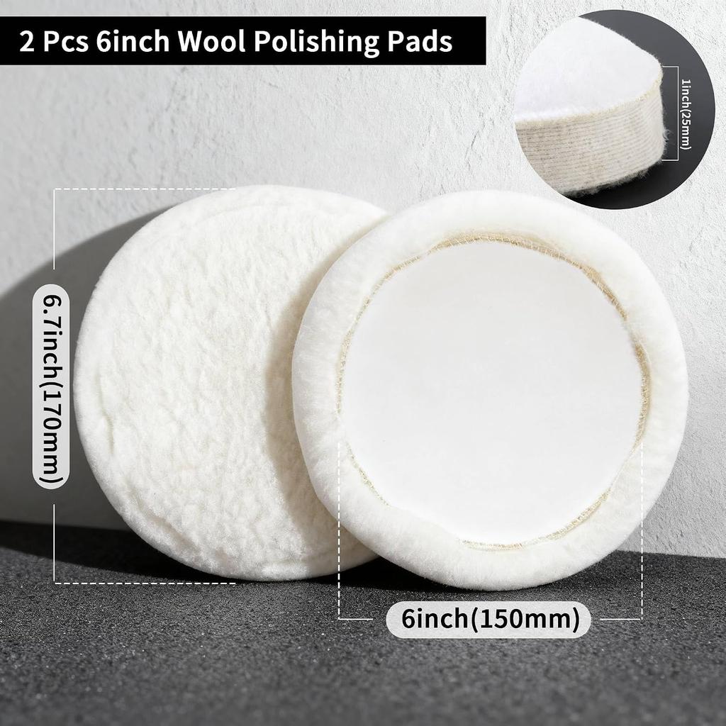 2 PCS 6 Inch Wool Polishing Pad, Widen the Edge Hook and Loop Buffing Wheel, for Orbital Polisher Buffer Synthetic Polisher