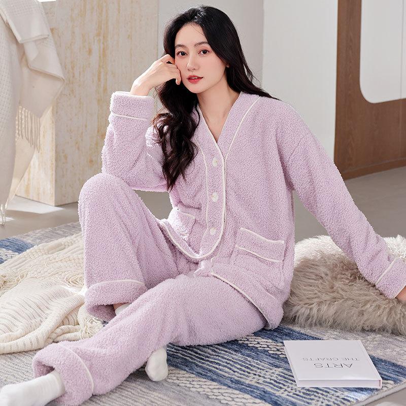 Pajamas Women'S Winter Coral Fleece Thickened Fleece Autumn And Winter Flannel Can Be Worn Outside Winter Loungewear