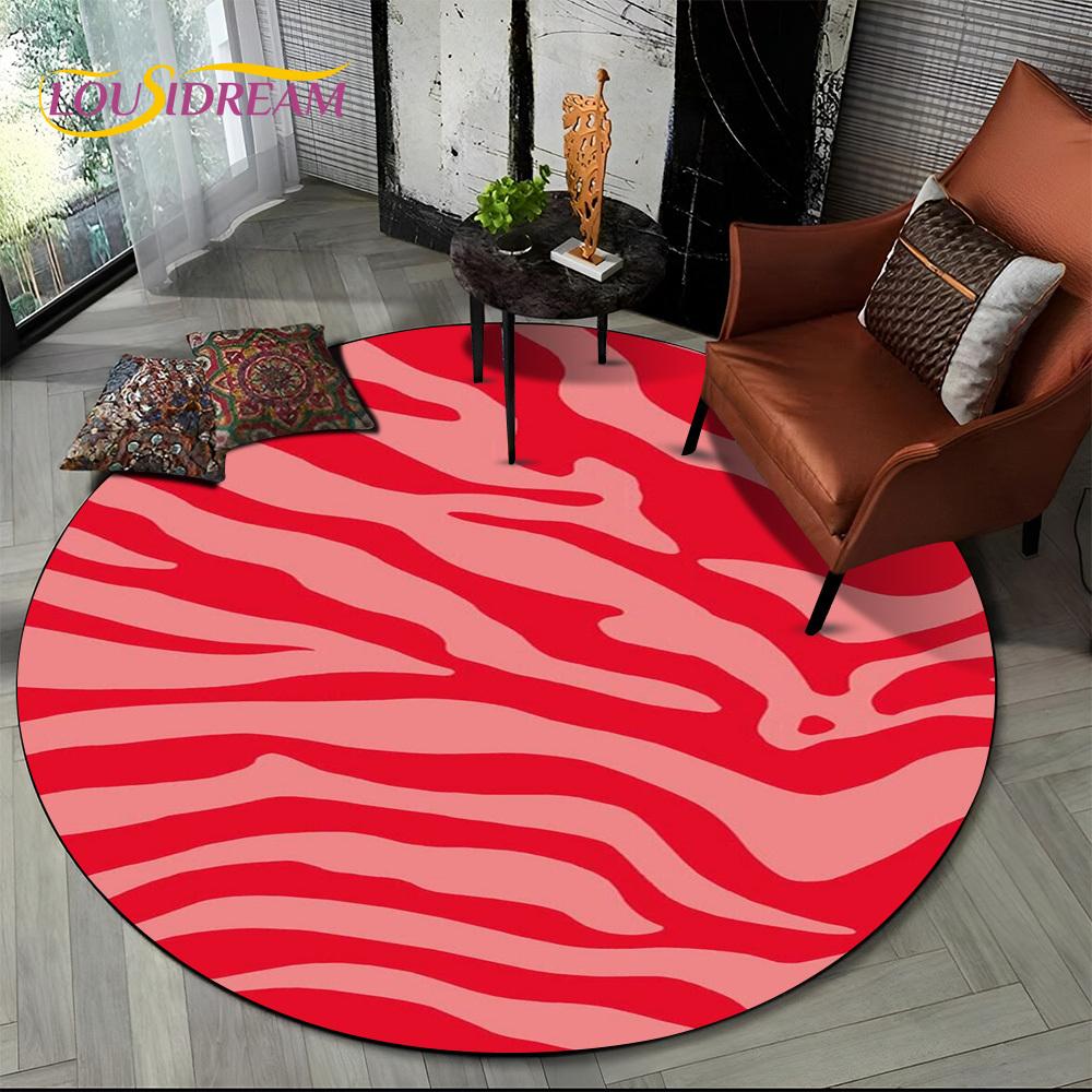 3D Barevný Pruhovaný Vzor Zebra Kulatý Koberec pro Obývací Pokoj, Ložnici, Dětský Herní Koutek Dekor, Protiskluzová Podložka do Zóny pro Domácí Mazlíčky