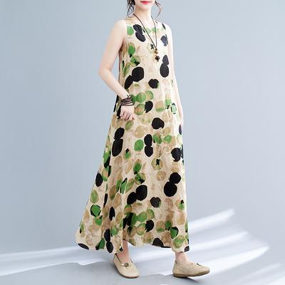 Sommerkleid aus lockerem Baumwollleinen mit Rundhalsausschnitt und Print, ärmellos, mittellang